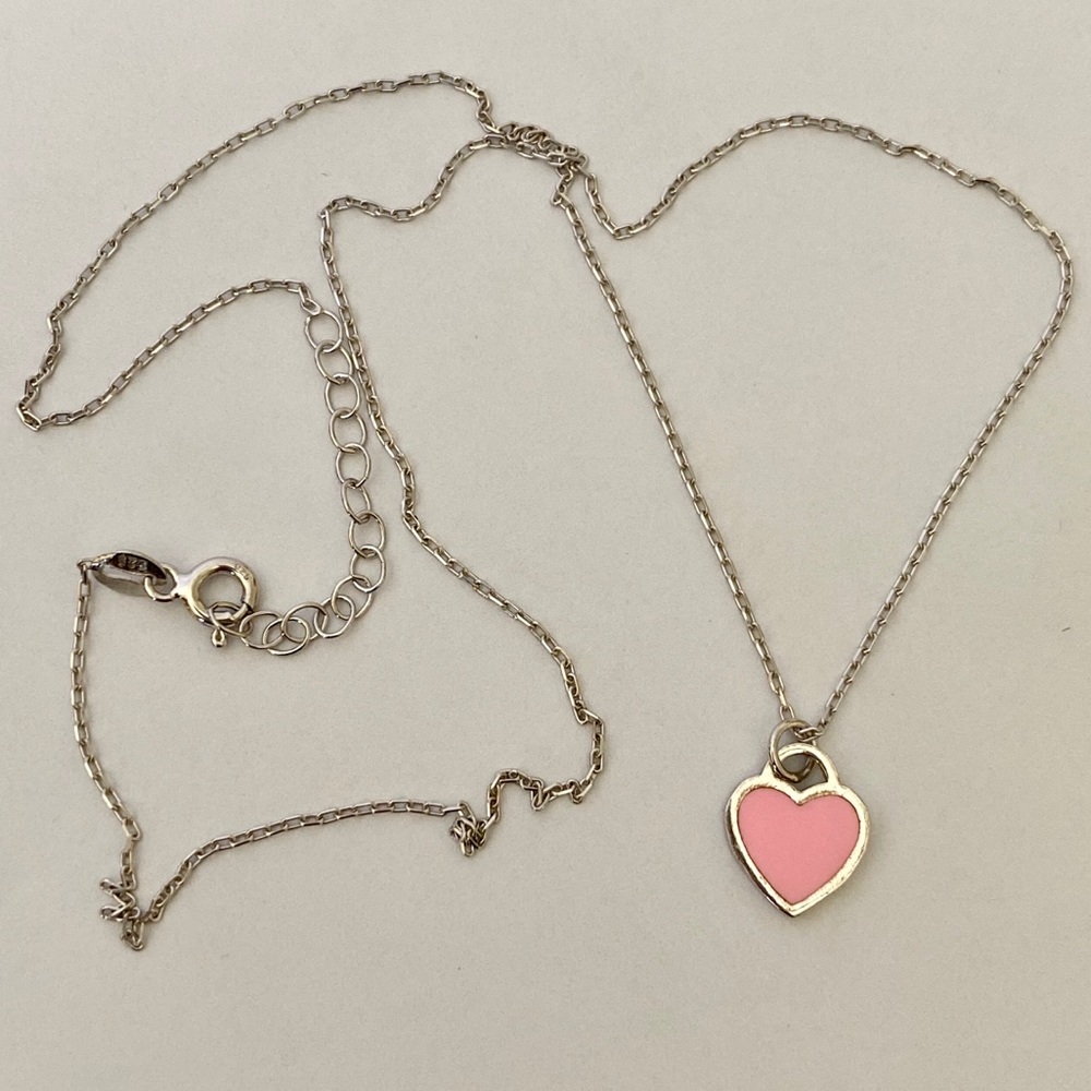 925 Silver pink enamel heart love necklace handmade - Picture 2 of 3